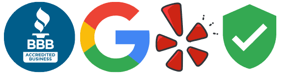 Better Business Bureau, Google, Yelp, and Verified logos.