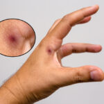 A close-up of a hand with a round, dark, swollen lesion on the knuckle—possibly from poisonous scorpions. An inset shows a magnified view of the lesion, highlighting its red and purple coloration and emphasizing potential risks.
