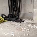 Yellow and black hoses are coiled on the concrete floor of a garage, with white debris scattered nearby—potential signs of mice in your home. Part of a black plastic container is visible on the right side of the image.